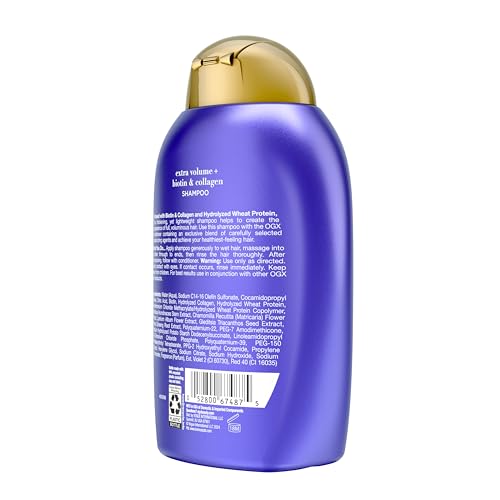 OGX Thick & Full + Biotin Collagen Extra Strength Volumizing Shampoo with Vitamin B7 Hydrolyzed Wheat Protein for Fine Hair. Sulfate-Free Surfactants Thicker, Fuller Hair, 13 Fl Oz