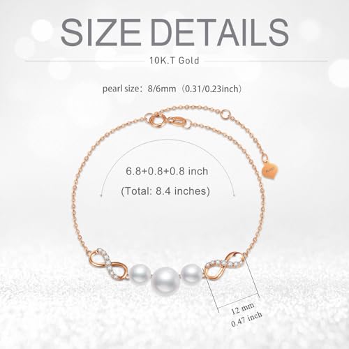 SISGEM 10k Rose Gold Created Moissanite and Freshwater Cultured Pearl Infinity Bracelet for Women, Real 14kt Gold Love Jewelry Gifts for Her, 6.8"-8.4"