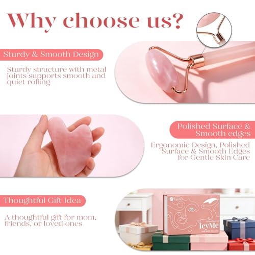 BAIMEI IcyMe Rose Quartz Roller & Gua Sha Facial Tool Set for Depuffing