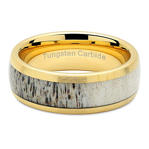 100S JEWELRY Tungsten Rings for Men Gold Wedding Band Antler Inlaid Dome Edge Matte Finish Size 8-16 (13.5)