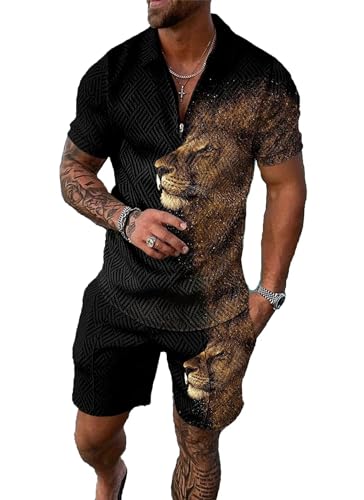 BIRW XL Black Mixed Gold Lion Mens Short Sets 2 Piece Outfits Fashion Summer Tracksuits Casual Set Polo Shirt Short Sleeve and Shorts Set