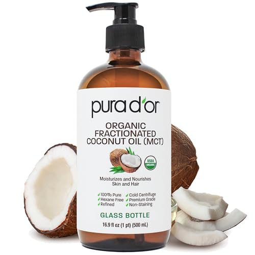 PURA D'OR ORGANIC Fractionated Coconut Oil MCT Oil (16.9 Oz GLASS BOTTLE) 100% Pure & Natural