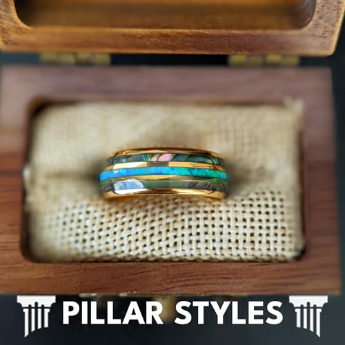 Blue Opal Ring 14K Gold Wedding Band Tungsten Rings with Abalone Inlay 8mm Yellow Gold Mens Wedding Bands Tropical Nature Inspired Gifts for Him