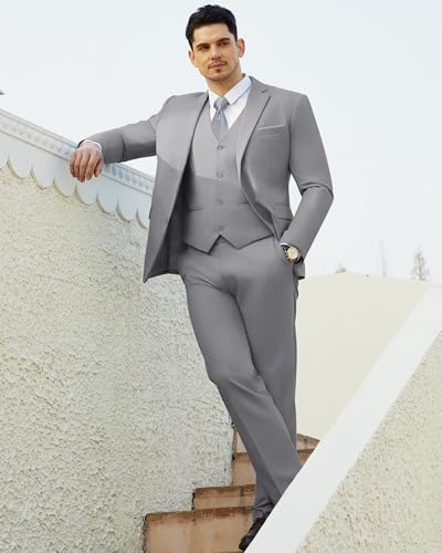 Saruit Men's Suits Slim Fit Tuxedo Suit Set 3 Piece 2-Button Solid Prom Wedding Party Blazer Vest Pants Light Grey