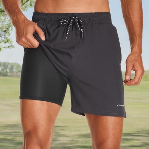 HODOSPORTS Mens Swim Trunks 5" Inseam Quick Dry Swimsuit with Compression Liner and Pockets Swimming Shorts Grey
