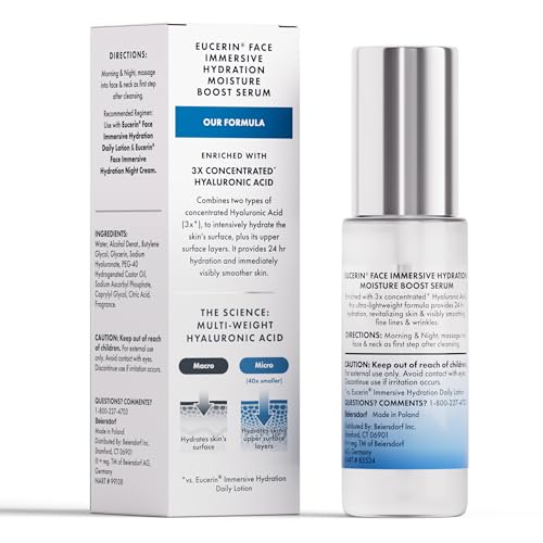 Eucerin Immersive Hydration Smoothing Face Serum, Ultra-Lightweight Hyaluronic Acid Serum Reduces the Look of Fine Lines and Wrinkles, 1 Fl Oz Bottle
