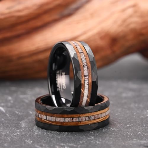 Concept Knight Tungsten Rings for Men Black Whisky barrel wood＆antlers ring