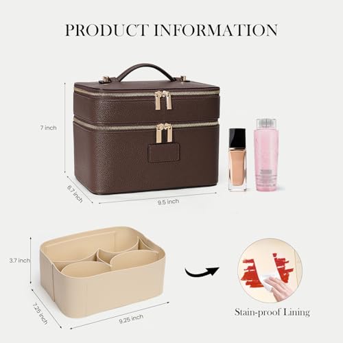 HiTotes Large Makeup Bag Duo Vanity Case for Women Leather Makeup Case Travel Toiletry Bag Portable Double Layer Cosmetic Bag