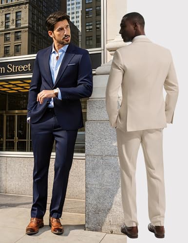 PJ PAUL JONES Mens Casual Suit Sets 2 Piece Classic Fit Suits Two Button Dress Suit Jackets Business Party Wedding Navy Blue, Large