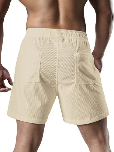 JOTOOK Men's Casual Drawstring Corduroy Shorts Elastic Waist Summer Shorts with Pocket Small Beige