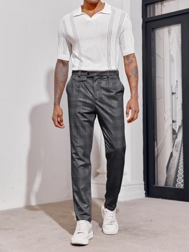 Coutgo Men's Classic Plaid Dress Pants Casual Business Stretch Straight Leg Slim Fit Button Trousers Dark Grey