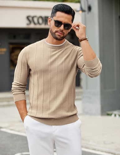 COOFANDY Mens Crew Neck Sweater Cable Knit Pullovers and Sweater Business Casual Sweatshirts Khaki