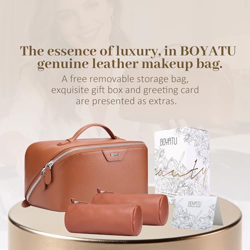 BOYATU Genuine Leather Travel Makeup Bag: Hand-made 3 Pcs Set Cosmetic Bags