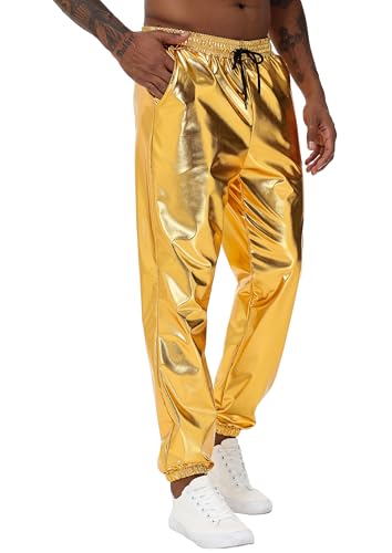 NewL Mens Gold Metallic Shiny Rave Night Club Pants Comfort Sweatpants Disco Dance Party Elastic Trousers (US, Alpha, Small, Regular, Regular, Gold)