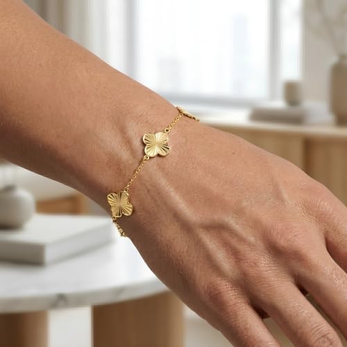 Floreo 14k Yellow Gold 14.5mm Radiating Clover Charm Cable Link Bracelet, Adjustable 6.5" - 7.25 Inch