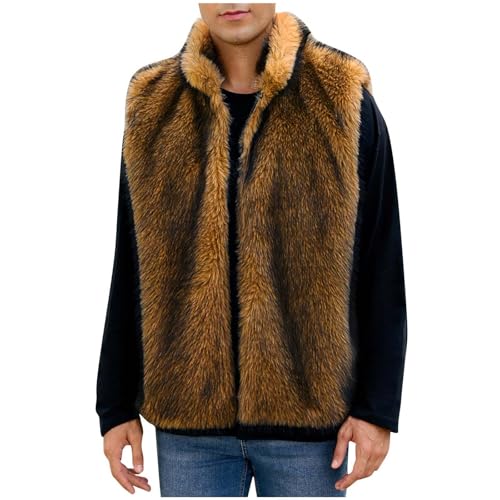 Cambkatl Men's Luxury Faux Fur Vest, Winter Furry Sleeveless Jacket Open Front Cardigan Coats Warm Outerwear