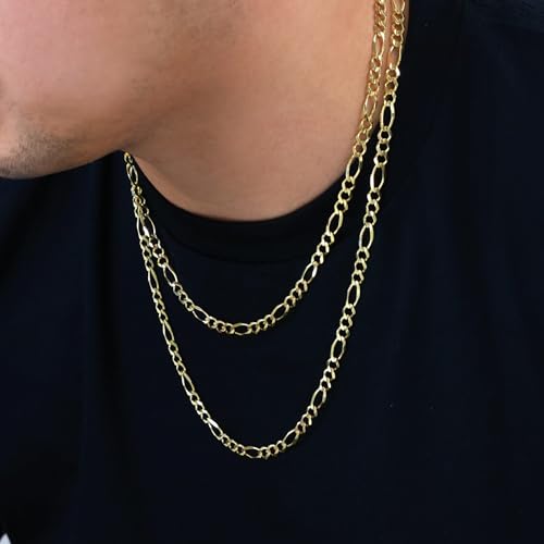 Nuragold 14K Real Yellow Gold Figaro Solid Link Chain Necklace Men & Women - 26",5.5mm