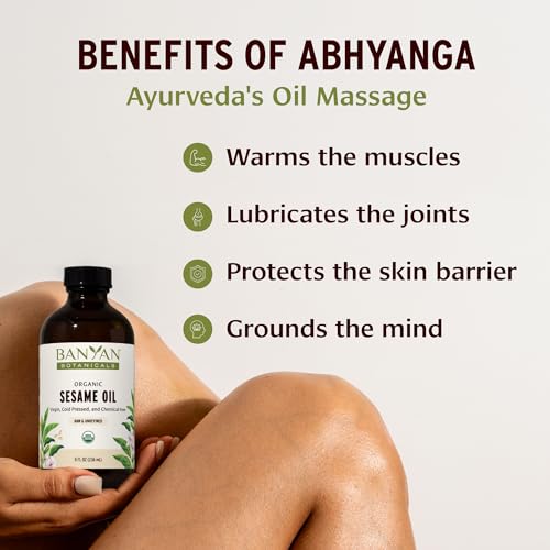 Banyan Botanicals Organic Unrefined Sesame Oil – Rich & Warming Ayurvedic Massage Oil for Body & Scalp – Traditional Abhyanga Oil for Deep Tissue Grounding & Recovery – 16 oz – USDA Organic