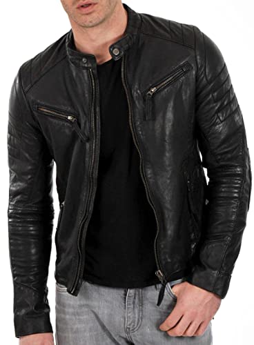 DECIMAL Men's Black & BROWN Genuine Lambskin Leather Biker Jacket VINTAGE REAL MOTORCYCLE JACKETS FOR MEN (S, BLACK)