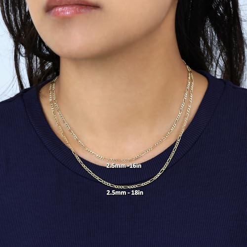 Nuragold 10k Real Yellow Gold Figaro Link 2.5mm Chain Necklace (16"-26") - 16"