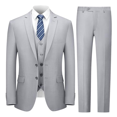 Cooper & Nelson 3 Piece Grey Mens Suit Set 2 Button Slim Fit Suits for Men Business Wedding Party Tuxedo Jacket Vest Pants and Tie, Light Grey L