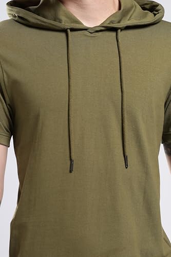 Klizzer Luxury Hoodie for Men - 100% Cotton Short Sleeve Hooded T-Shirts - Lightweight Cool Muscle Tees Pullover, Military Green - 2XL