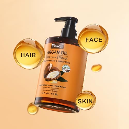 Yoken Organic Moroccan Argan Oil 16oz, Cold Pressed Oil for Hair Face Skin