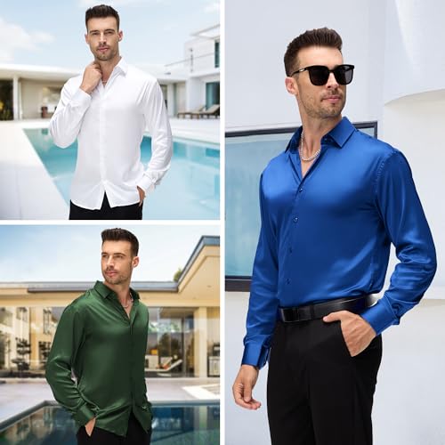 WARHORSEE Mens Silk Satin Dress Shirts Shiny Long Sleeve Button Down Shirt Party Prom Wedding Shirt,Black,L