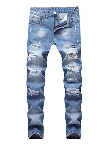 Enrica Men's Ripped Distressed Destroyed Slim Straight Fit Washed Denim Jeans