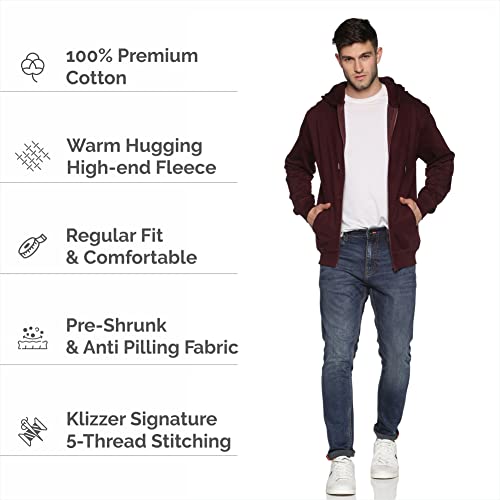 Klizzer Luxury Mens Zip Up Hoodie of Cotton Fleece Heavyweight sweatshirt hoodie (Maroon, XL)