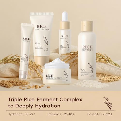 Korean Skin Care Set with Rice, 5-Step Facial Kit for Women