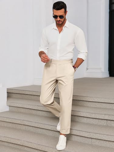 Runcati Mens Chinos Cotton Pants Slim Fit Pleated Front Dress Pants Casual Stretchy Tapered Trousers Apricot