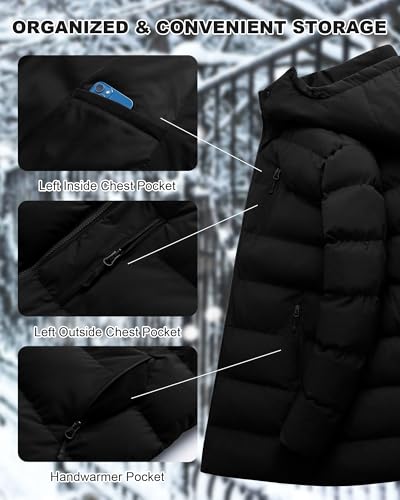 CTFASHION Mens Winter Coats Long Bubble Jacket Quilted Puffer Jackets Warm Thick Insulated Windproof Outdoor Padded Parka Coat Hooded Waterproof Thicken Puffy Down Windbreaker Black L
