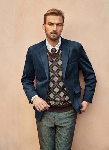 Mens Suede Blazer Single Breasted Sport Coat Business Slim Fit Two-Button Blazer Navy Blue L