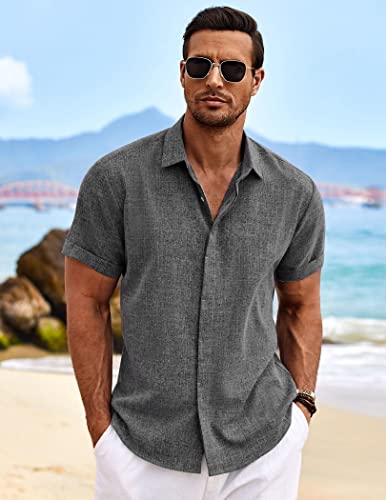 COOFANDY Men's Linen Shirts Short Sleeve Casual Shirts Button Down Shirt for Men Beach Summer Wedding Shirt Dark Grey