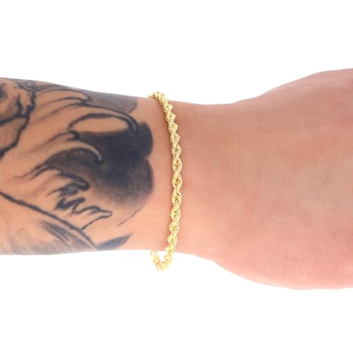 Nuragold 14k Real Yellow Gold Rope Chain Solid Diamond Cut Bracelet - 3mm - 7"
