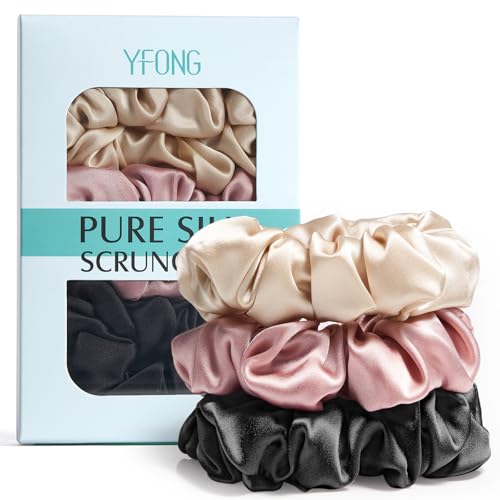 YFONG 3 PCS 100% Mulberry Silk Scrunchies for Women Girls, Soft No Damage