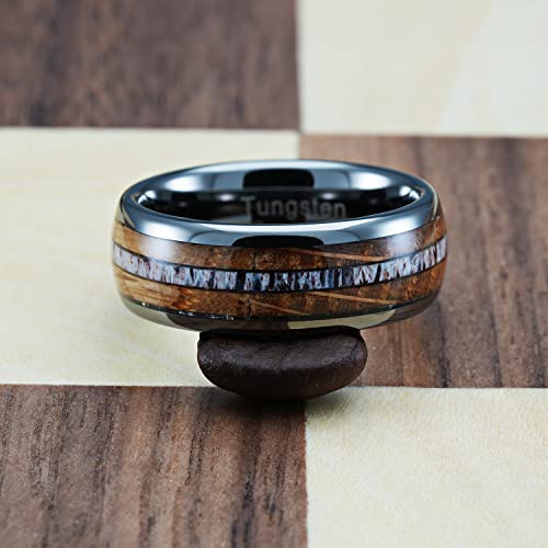 100S JEWELRY Gunmetal Gray Tungsten Rings For Men Whiskey Barrel Wood & Elk Anters Inlay Wedding Promise Engagement Band Size 6-16 (Gunmetal Gray, 13)