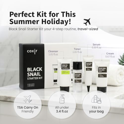 coxir Black Snail Collagen Starter Kit, Korean Travel Essentials (4-Piece)