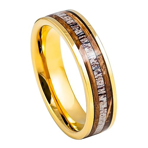 Tungsten 6mm Gold Wedding Band with Deer Antler Inlay – Polished Comfort Fit Ring for Men & Women, Durable Unique Design for Couples, Nature Lovers & Outdoor Enthusiasts- Custom Engraving. (9)