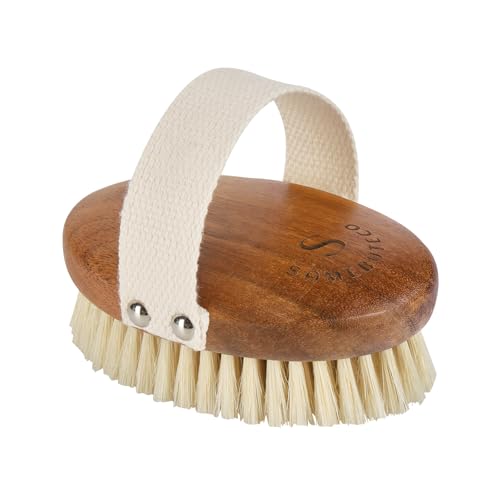 SAMEBUTECOBody Brush Solid Acacia Wood Boar Long Bristles Bath Brush for Skin Exfoliation,Lymphatic Drainage Improvement Oval Shape Dry Brush Comfort to Hold Works