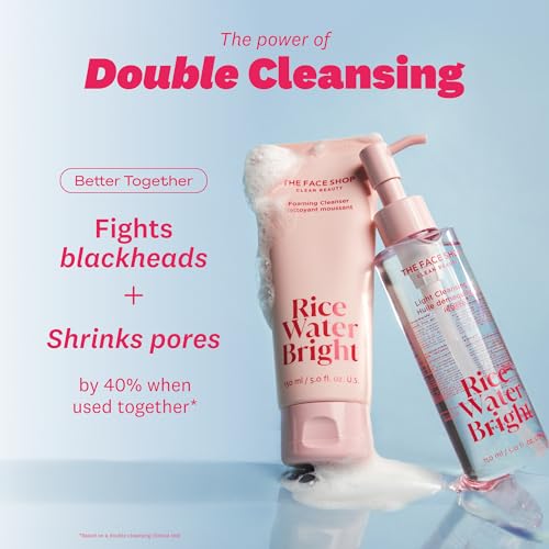 The Face Shop Rice Water Bright Double Cleansing Duo Set with Ceramide, Korean Skin Care, Gentle Face Wash & Pore Control Cleansing Oil, Hydrating, Moisturizing, Vegan Facial Cleanser, Makeup Remover