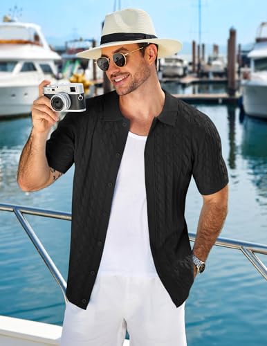 COOFANDY Mens Casual Waffle Knit Shirts Button Up Short Sleeve Shirts Beach Summer Wedding Dress Shirt Loose Fit Shirts Black