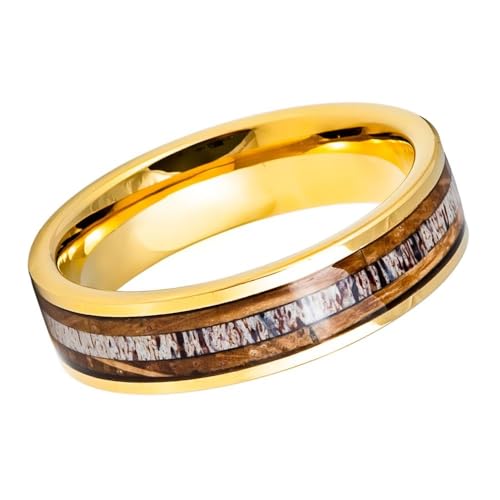Tungsten 6mm Gold Wedding Band with Deer Antler Inlay – Polished Comfort Fit Ring for Men & Women, Durable Unique Design for Couples, Nature Lovers & Outdoor Enthusiasts- Custom Engraving. (9)