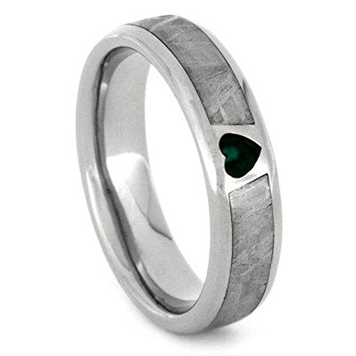 The Men's Jewelry Store (Unisex Jewelry) Created Emerald, Gibeon Meteorite 14k White Gold Ring and Green Box Elder Burl Wood Titanium Band, Couples Ring Set, M13.5-F8