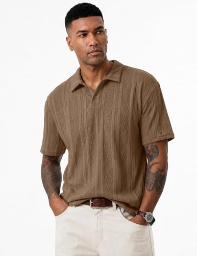 JMIERR Polo Shirts for Men Classic Fit Short Sleeve Loose Casual Soft Button Old Money Textured Cable Knit Shirt Quiet Luxury Clothes, XL, Khaki