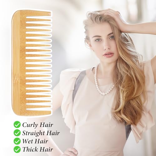 Bamboo Wide Tooth Comb, Natural Bamboo Hair Detangling Comb Anti-Static Hair Brush, Wooden Curls Anti Static Big Tooth Wood Combs for Women and Men All Hairs Types,Travel Friendly