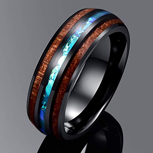 Vakki Mens Black Tungsten Wedding Band, Blue Opal Inlay, 8mm Size 10
