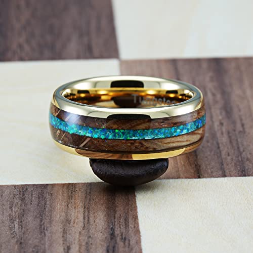 100S JEWELRY 14k Gold Tungsten Rings For Men Whiskey Barrel & Green Opal Wedding Promise Engagement Band Size 6-16 (Gold, 10)