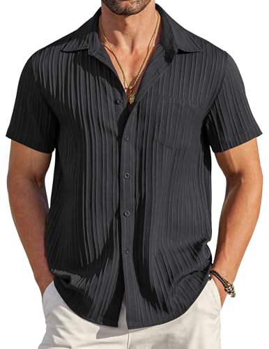 COOFANDY Button Down Shirt Men Short Sleeve Shirt Button Up Shirts for Men Linen Shirts for Men Summer Beach Shirt Black